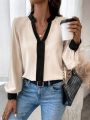 SHEIN Privé Color Block Notched V-neck Blouse