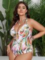 SHEIN Swim Vcay Plus Size Tropical Printed Halter One-Piece Swimsuit