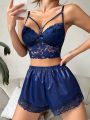 Floral Lace Rhinestone Decor Cami Top & Shorts PJ Set