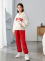 SHEIN Kids KDOMO Tween Girl Letter Graphic Drop Shoulder Hoodie & Sweatpants