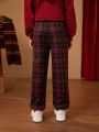 HARRY POTTER X SHEIN Tween Girl Plaid Patched Detail Contrast Tape Side Sweatpants