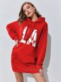 Women's Letter Printed Drawstring Hoodie Dress