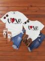 Text & Heart Pattern Printed Short Sleeve Casual T-Shirt