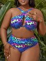 SHEIN Swim BAE Plus Size Leopard Print Cutout Halter Top And Briefs Bikini Set