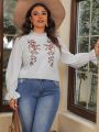 SHEIN VCAY Plus Size Floral Pattern Bell Sleeve Eyelet Embroidered Top