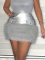 SHEIN SXY Sexy Silver Metallic Pu Leather And Patchwork Skirt For Club Party