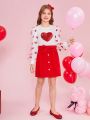 SHEIN Kids FANZEY Girls' Knitted Stand Collar Patchwork Top & Woven Mesh Skirt Set (matched With Sibling Outfits) (2 Sets Sold Separately)