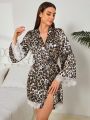 Women's Leopard Print & Lace Trimmed V-Neck Robe