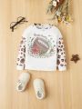 SHEIN Baby Girl's Casual Cartoon Pattern Color Block Leopard Print Rugby Long Sleeve Shirt