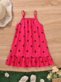 Girls' (little) Polka Dot Printed Spaghetti Strap Dress With Ruffle Hem