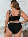 SHEIN Swim Chicsea Plus Size Women's Swimsuit Set With Drawstring And Rhinestone Decor