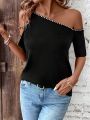 Solid Color Asymmetrical Off Shoulder T-Shirt With Rhinestone Decor