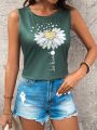 Women's Sunflower & Letter Print Round Neck Tank Top