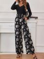 SHEIN Frenchy Women's Solid Color Striped Top & Print Pants Two Piece Set