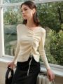 Drawstring Front Ribbed Knit Sweater