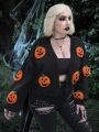 PUNK Plus Halloween Pumpkin Embroidery Drop Shoulder Duster Cardigan