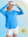 Women's Split Hem Sun Protection Long Sleeve T-shirt With Collar/blue