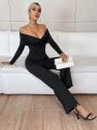 SHEIN Privé Off Shoulder Ruched Side Wide Leg Jumpsuit