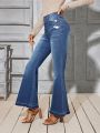 Women'S Washed Denim Distressed Flare Jeans