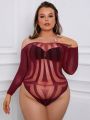 Plus Off Shoulder Hollow Out Fishnet Teddy Bodysuit Without Liner