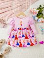 SHEIN Baby Girl'S Casual Cute Cartoon Character Print Bubble Sleeve Dress