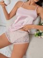 Women'S Satin Cami Top And Lace Shorts Pajama Set