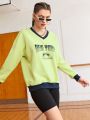 Street Sport Letter Print Contrast Trim V-Neck Sweatshirt