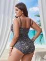 SHEIN Swim BohoFeel Plus Size Full Printed One-Piece Swimsuit With Round Ring Decoration