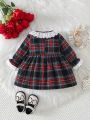 Baby Girls' Plaid Lace Trimmed Dress With Bow Decoration