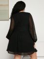 SHEIN CURVE+ Plus Size Mesh Splice Lantern Sleeve Square Neckline Dress