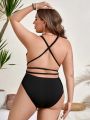 SHEIN Swim Basics Plus Size Deep V-Neck Backless One-Piece Swimsuit