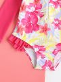 Baby Girl Floral Print Frill Trim One Piece Swimsuit