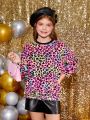 SHEIN Kids HYPEME Tween Girl Leopard Print Contrast Trim Pullover