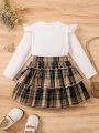 SHEIN Kids SUNSHNE Toddler Girls' Plaid Skirt & Top Set With Cake Shaped Head Design For Autumn And Winter