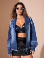 SHEIN BAE Turndown Collar Denim Jacket With Frayed & Decorative Edges After Wash