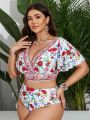 SHEIN Swim Vcay Plus Size Women'S Butterfly Sleeve Floral Printed Swimsuit