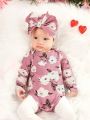 SHEIN Newborn Baby Girls' Floral Printed Long Sleeve Bodysuit With Ruffled Shoulder & Large Bow Headband Set