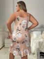 Plus Size Women's Floral Print Spaghetti Strap Nightgown With Ruffle Hem Design