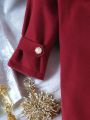 SHEIN Kids CHARMNG Girls' Autumn Elegant Woolen Bow Knot Decor Turn-Down Collar Jacket With Flounce Hem Dress