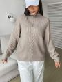 SHEIN EZwear Quarter Zip Drop Shoulder Cable Knit Sweater