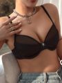 Solid Color Mesh Panel Bra