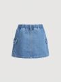 SHEIN Young Girls' New Light Blue Y2k Style Denim Skirt With Utility Pockets