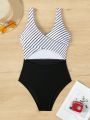 SHEIN Swim Vcay Women's Striped Hollow Out One Piece Swimsuit