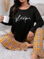 Plus Size Autumn & Winter Letter Printed Yellow Plaid Long Sleeve Long Pants Pajama Set