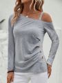 Asymmetric Shoulder Grey Long Sleeve T-shirt