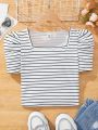 SHEIN Kids EVRYDAY Knitted Striped Square Collar One-Piece Casual T-Shirt For Tween Girls