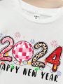 Teen Girls' Casual 2024 New Year Printed Short Sleeve T-Shirt, Suitable For Summer