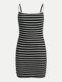 SHEIN Girls' Teen Knitted Solid Color Striped Slip Dress Two-piece Set