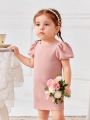 SHEIN Baby Girls' Casual Bubble Short Sleeve Slim Fit Solid Color Dress