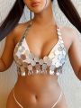 SHEIN Swim Y2GLAM Women'S Round Shaped Rhinestone Embellished Cover Up